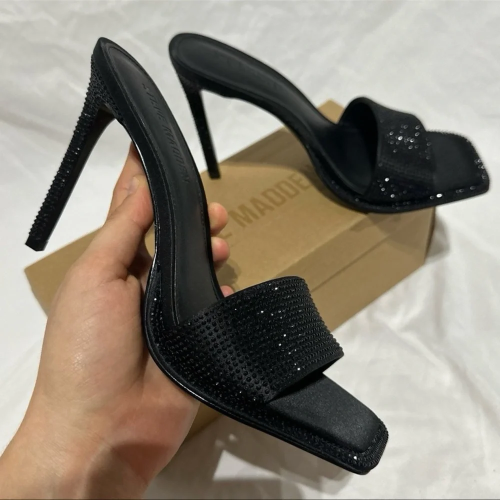 Steve Madden Yara Black Sparkle Embellished Rhinestone Open Toe Sexy Heels
